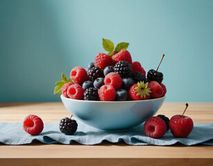 berries, blueberries, swissberries, raspberries on the kitchen table, on a wooden countertop, owoce leśne, borówki, jerzyny, maliny na stole w kuchni, na drewnianym blacie