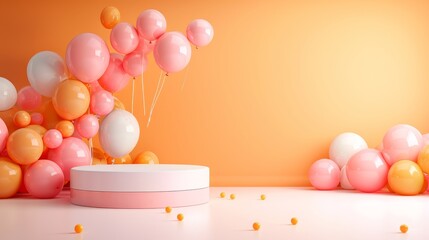 Colorful balloon arrangement with podium on pastel background, perfect for festive celebration, party decoration, or marketing design.