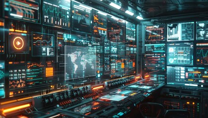 Fototapeta premium Virtual security analyst transparent screens futuristic design data protection