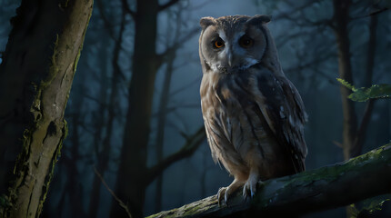 a owl sitting on a branch in the woods