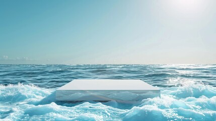 Square podium in white on blue water texture with waves and sunlight Nature background for product display Cosmetic mockup with space