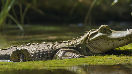 Fototapeta premium crocodile laying on the grass next to a body of water