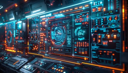 Obraz premium Holographic security dashboard neon glow futuristic cyber lab dark setting