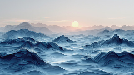 Majestic mountain peaks pierce a misty dawn sky, bathed in the golden light of sunrise