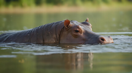 a hippo in the water with its head above the water