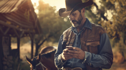 A cowboy engrossed in his smartphone stands in front of a rustic wooden cabin with his horse in the background, bathed in golden evening light.
