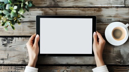 A womans hands hold a tablet with a blank screen, showcasing its potential for various uses. The rustic wooden table adds a touch of warmth and authenticity to the scene