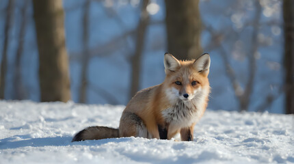 a fox sitting in the snow in the woods
