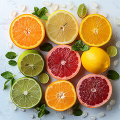 Obraz premium Assorted citrus fruits including lemons, limes, and grapefruits on a white background, taken with a Nikon Z6 and a 24-70mm lens, clear and bright colors, hyper detail