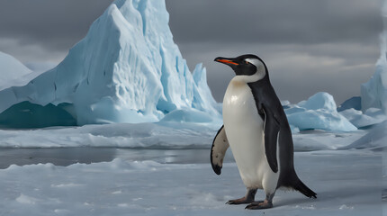 Fototapeta premium penguin standing in the snow with icebergs in the background