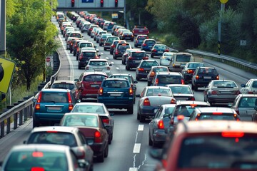 A dense line of cars creating a heavy traffic jam on a city highway during daylight, highlighting the routine congestion and travel delays experienced in urban areas.