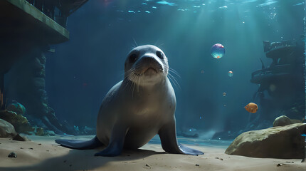 Fototapeta premium a seal sitting on the sand in a large aquarium