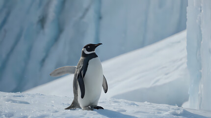 Obraz premium a penguin standing on the snow with its wings spread