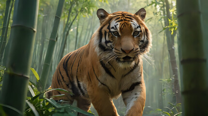 a tiger walking through a bamboo forest with tall green trees