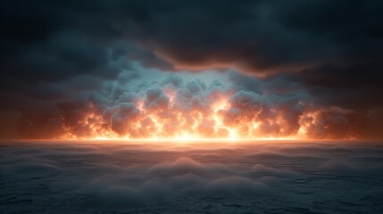 Fototapeta premium Dramatic fiery sunset above a calm ocean, with dark clouds adding mystery to the horizon, evoking a sense of awe and natural beauty.