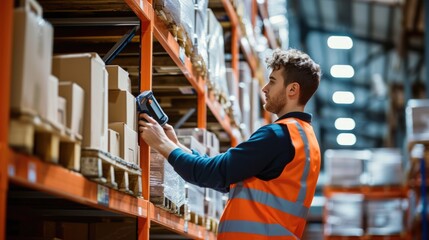 Focused logistics specialist with protective eyewear scans barcodes on packages in a well-organized warehouse. AIG41