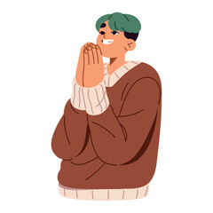 Happy boy folded palms in prayer to ask, wish, request. Good person shows hand gesture of gratitude, thanksgiving. Friendly young man thanks. Flat isolated vector illustration on white background