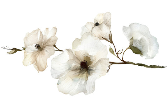 Fototapeta white flower stalk watercolor isolated on transparent background