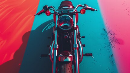 Fototapeta premium 18061525 182 182. Cruiser Motorcycle, minimalist, classic, geometric composition, top-down, vibrant colors, HDR, --ar 16:9 Job ID: 2677f783-dfc4-4a91-9c98-dccddc2ed987