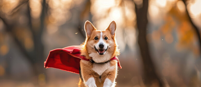 An adorable illustration of a Welsh corgi dog wearing a red cape and raising its two ears up is flying happily in a running pose in the blue sky with some clouds.