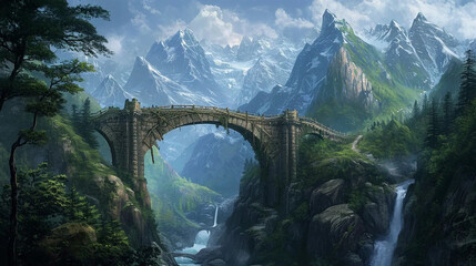 Stonestride Bridge: Enchanted path through misty mountains Fantasy  wallpaper