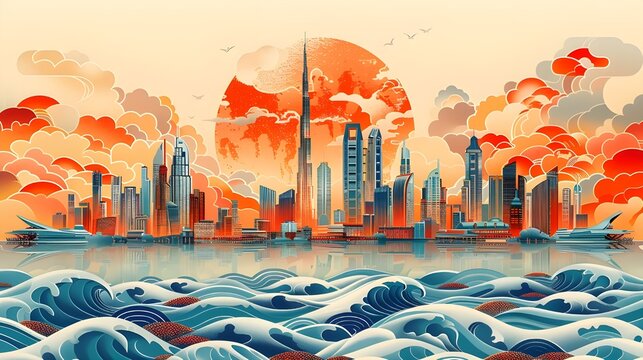 Dubai skyline, abstract modern architecture design landmark buildings downtown landscape, luxury skyscrapers sunset sky background. 3d contemporary ukiyo-e style fine digital art illustration banner.