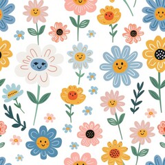 A colorful flower pattern with smiling faces on the petals