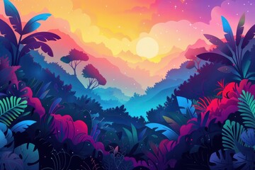 Vibrant abstract digital art landscape of a jungle at sunset. Concept of surreal nature, fantasy, and dreamscape.