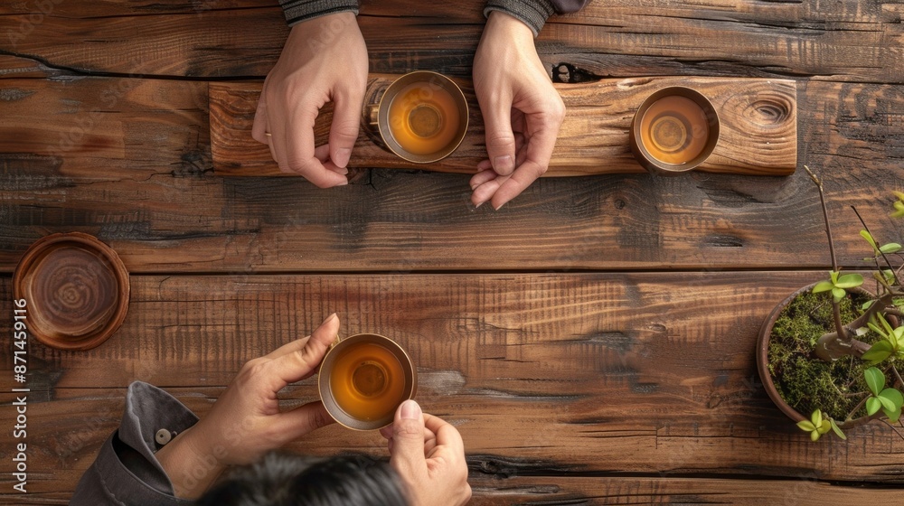 Poster a top-down view of two hands holding teacups on a weathered wooden table. the warm light and peacefu