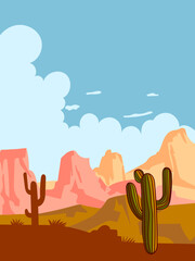 Desert landscape, cactus plant, western mountain silhouettes vector illustration background. Nature design for web, cards, poster cover, art print and background.
