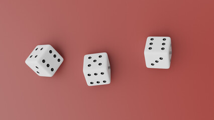 three dices on a red surface with one dice missing