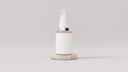 a bottle of liquid sitting on a wooden stand