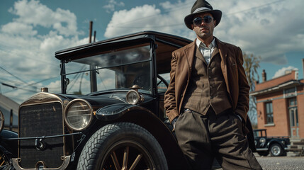 1920s era gangster wearing suit and coat standing by car