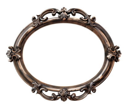 Antique oval picture frame with intricate designs, ideal for vintage decor and classic artwork displays. Isolated on a transparent background.
