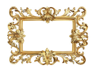 Elegant vintage golden picture frame with intricate designs on a transparent background, ideal for artwork, photo, and decoration.