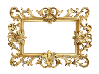 Elegant vintage golden picture frame with intricate designs on a transparent background, ideal for artwork, photo, and decoration.