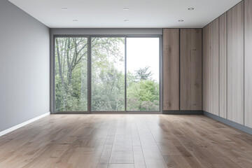 Fototapeta premium Wardrobe in an empty room with minimal, neutral colors and filled with lighting coming from a window. Residential Real Estate interiors design composition.