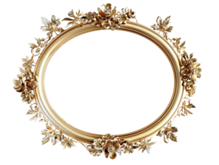 Elegant vintage oval gold frame with intricate floral designs, ideal for decorating or showcasing portraits and art pieces.