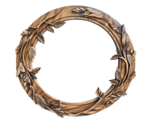 Elegant round wooden frame decorated with carved leaves, ideal for nature-inspired art or photo displays.