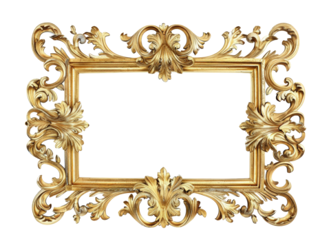 Elegant vintage golden picture frame with intricate designs on a transparent background, ideal for artwork, photo, and decoration.