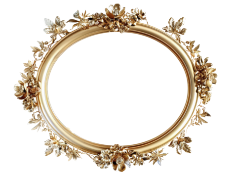 Elegant vintage oval gold frame with intricate floral designs, ideal for decorating or showcasing portraits and art pieces.