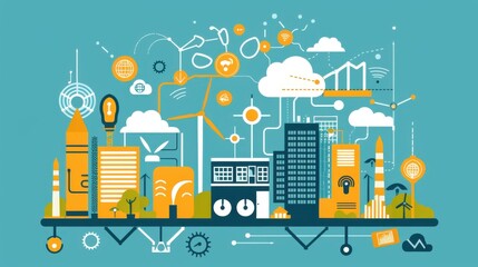 Naklejka premium Economic growth indicators, sustainable tech solutions, wearable energy storage devices, flat design illustration