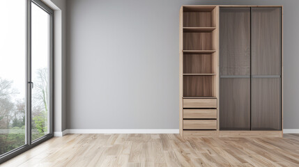 Fototapeta premium Wardrobe in an empty room with minimal, neutral colors and filled with lighting coming from a window. Residential Real Estate interiors design composition.