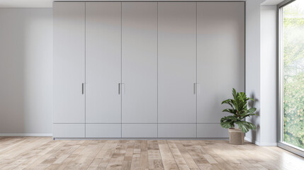 Fototapeta premium Wardrobe in an empty room with minimal, neutral colors and filled with lighting coming from a window. Residential Real Estate interiors design composition.