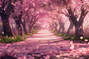 Enchanting Pathway Through a Blossoming Cherry Blossom Avenue