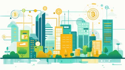 Obraz premium Energyefficient buildings, digital wallet with diminishing funds, blockchain nodes, flat design illustration