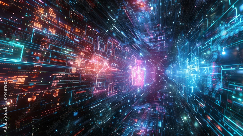 Aufkleber an abstract, artistic representation of quantum computing, visualized as a tunnel of glowing data st