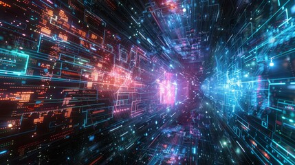 An abstract, artistic representation of quantum computing, visualized as a tunnel of glowing data streams in vibrant shades of blue and pink