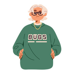 Detached, indifferent girl with glasses standing with hands on her hips. Dissatisfied, bored teenager with neutral emotions, boredom facial expression. Flat isolated vector illustration on white