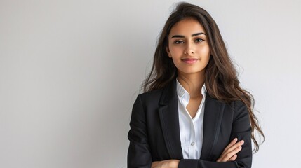 Fototapeta premium Professional portrait of a confident female entrepreneur from the Middle East in a business suit, arms crossed, smiling and looking at the camera on a white background.